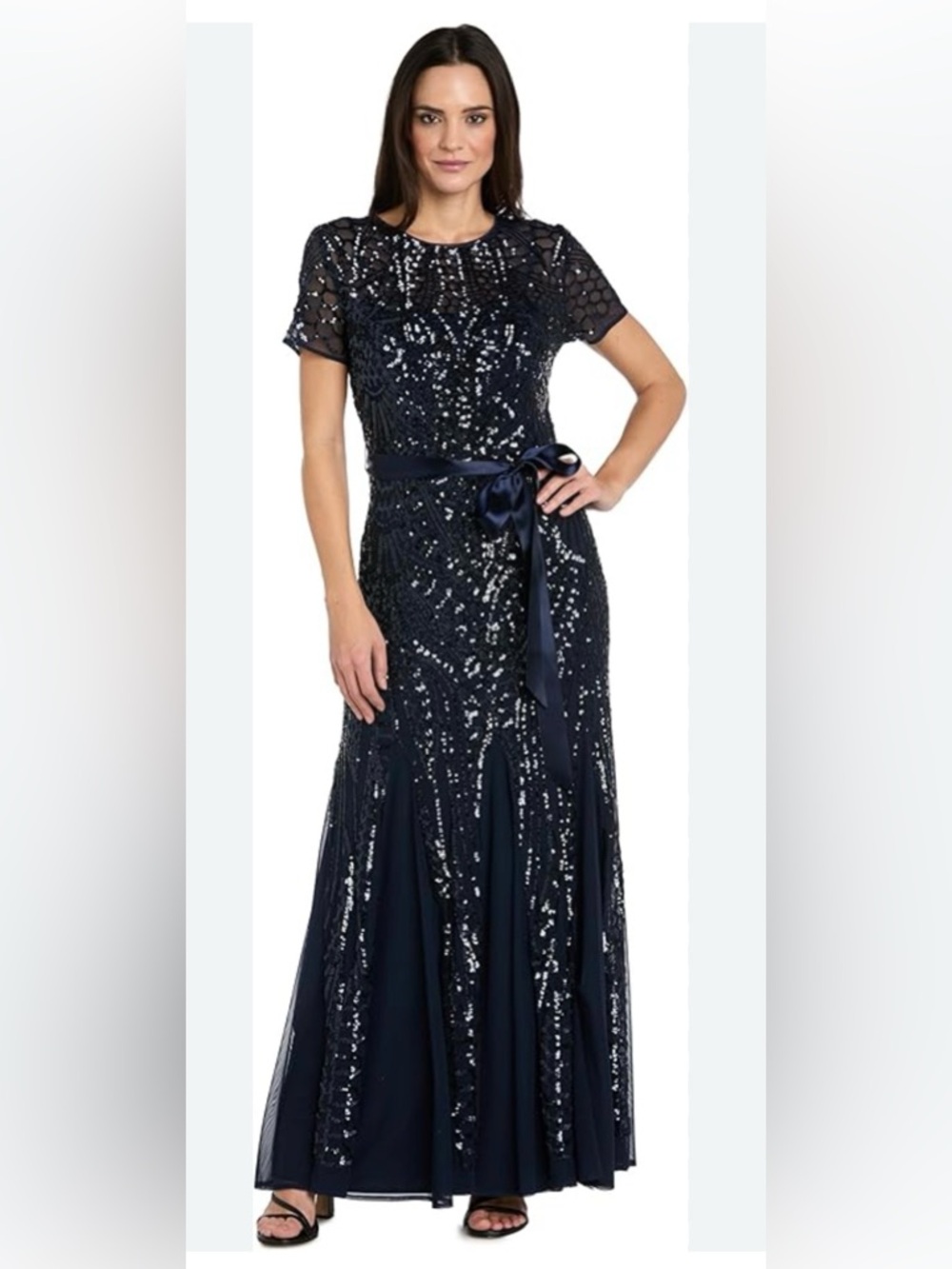 Like new R&M Navy Sequin Short-Sleeve emblished Evening Gown with Satin Belt 12